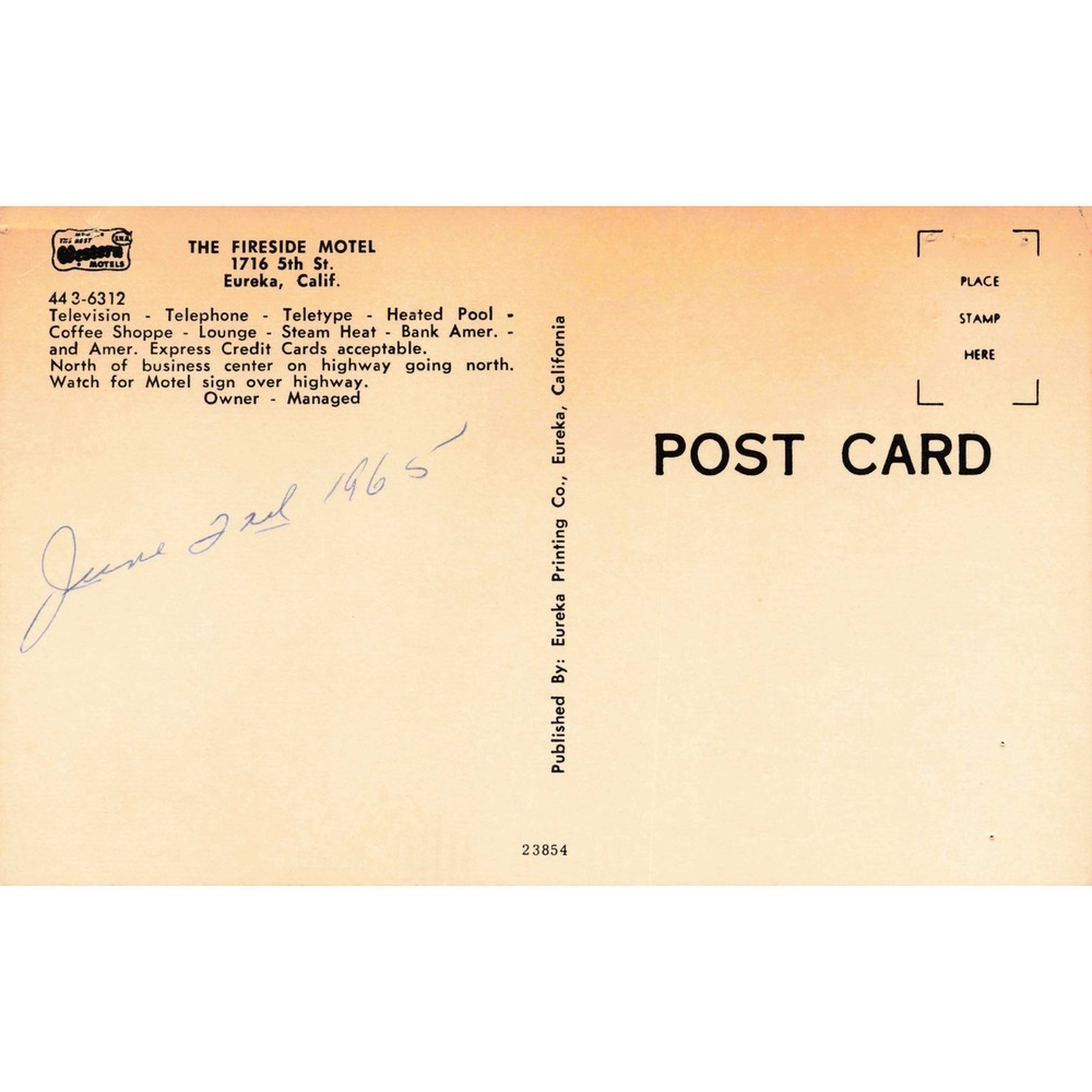 Fireside Motel Eureka California CA Chrome Postcard 1965 Roadside Americana - Picture 2 of 2